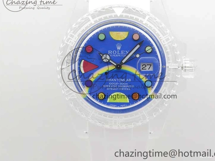 MiroTime 0123 Submariner Phantomlab Transparent KZF Best Edition Blue Fruit Dial on White Rubber Strap VR Classic 2563